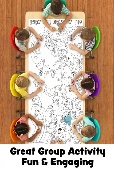 Children coloring a Noah’s Ark table runner together as a fun group Bible activity for Sunday school, church classrooms, or homeschool lessons.