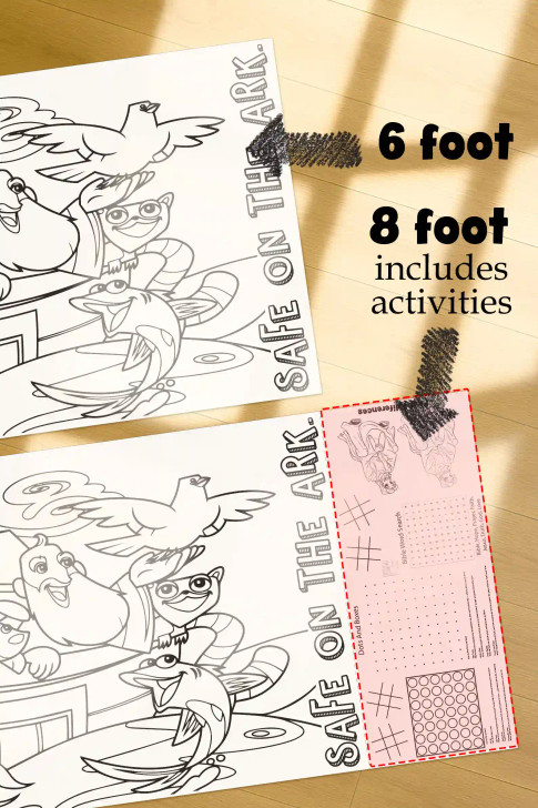 Noah’s Ark flood coloring table runner showing 6 foot and 8 foot sizes for Sunday school, homeschool, and children’s ministry activities.