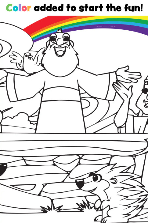 Close-up of animals gathered near Noah’s Ark after the flood with a rainbow above during a Christian kids Bible coloring activity.