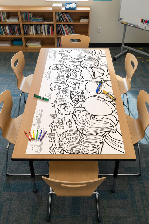 loaves and fishes coloring table runner placed on classroom table with chairs and crayons nearby