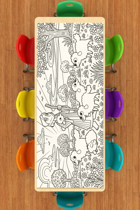full joseph coloring table runner design showing shepherd scene with sheep and landscape