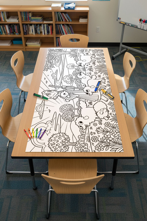 joseph coloring table runner placed on classroom table with chairs and markers nearby