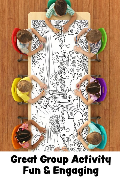 children sitting around table coloring joseph bible story table runner together with crayons