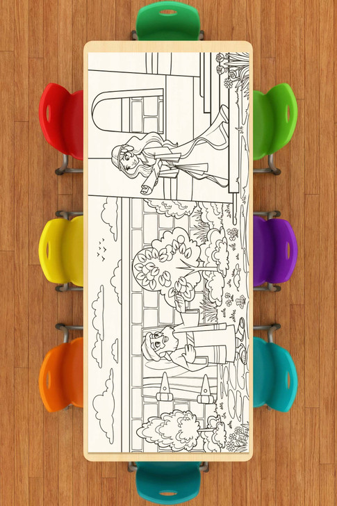 top view of Esther coloring table runner laid across classroom table with colorful chairs around