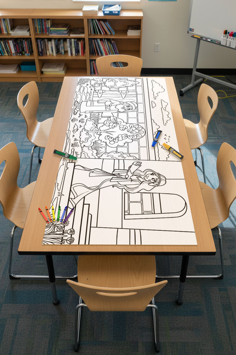 Esther coloring table runner placed on classroom table with chairs and markers nearby