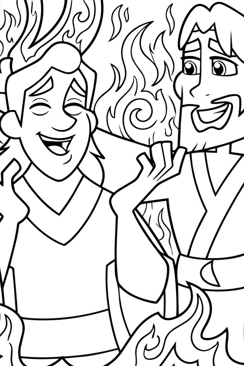 Close-up of Shadrach Meshach and Abednego Fiery Furnace coloring artwork
