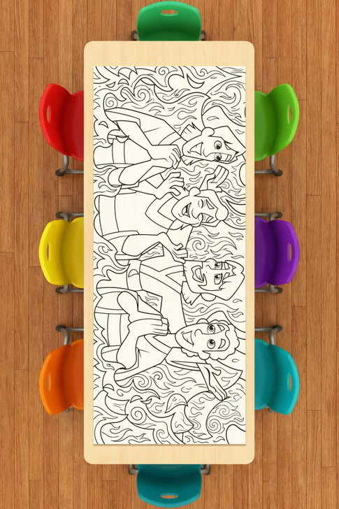 Large collaborative Bible coloring activity showing the story of Shadrach, Meshach, and Abednego from Daniel chapter 3.
