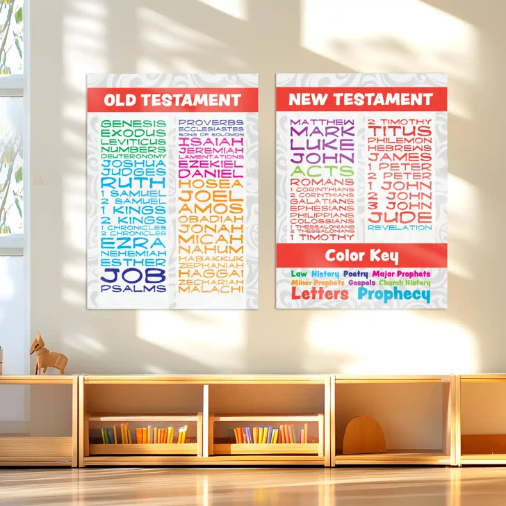 Educational Bible books wall decals decorating a Sunday school classroom with child-sized furniture.