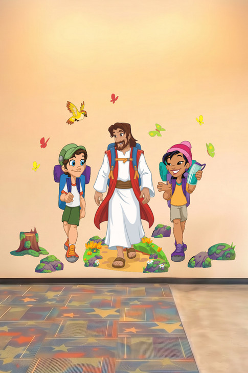 Jesus hiking with children wall decal set artwork in Sunday school hallway