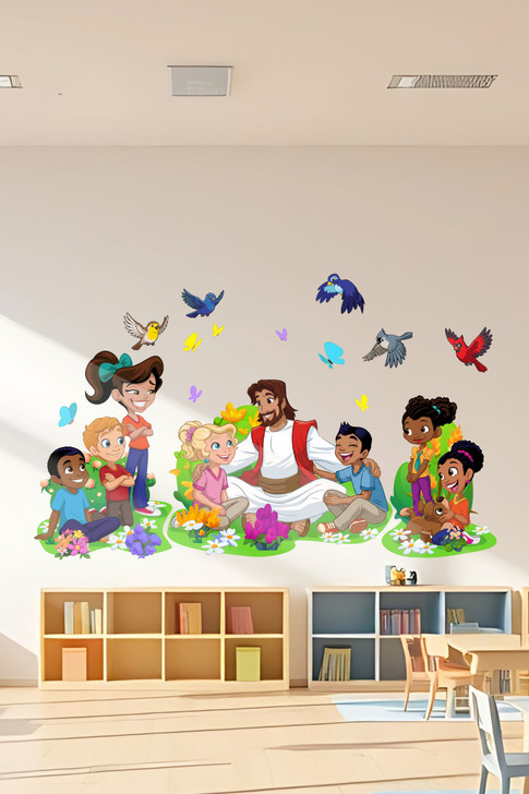 Jesus with kids wall decal in Sunday school classroom