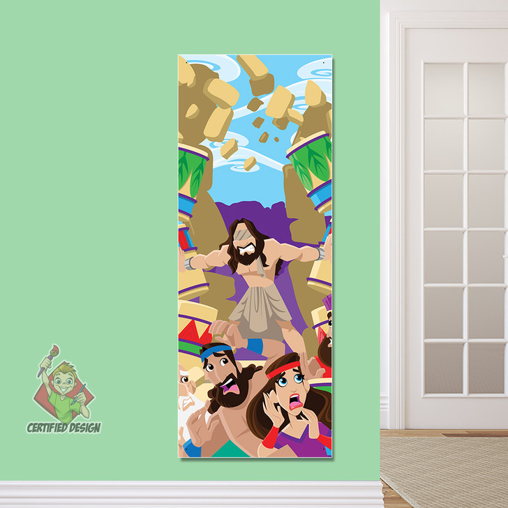 Sampson and Delilah PreK Bible Stories Banner introduces kids to Heroes of the  Bible that inspire them on their way to their Sunday School classroom, in kids church, Nursery, Preschool or Registration area. All vinyl banners include the option of grommets or no grommets.