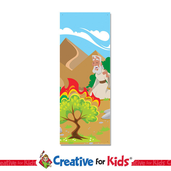 Moses Burning Bush PreK Bible Stories Banner introduces kids to Heroes of the  Bible that inspire them on their way to their Sunday School classroom, in kids church, Nursery, Preschool or Registration area. All vinyl banners include the option of grommets or no grommets.