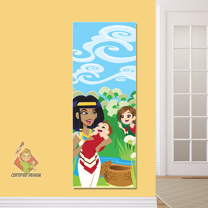 Baby Moses and Miriam PreK Bible Stories Banner introduces kids to Heroes of the  Bible that inspire them on their way to their Sunday School classroom, in kids church, Nursery, Preschool or Registration area. All vinyl banners include the option of grommets or no grommets.