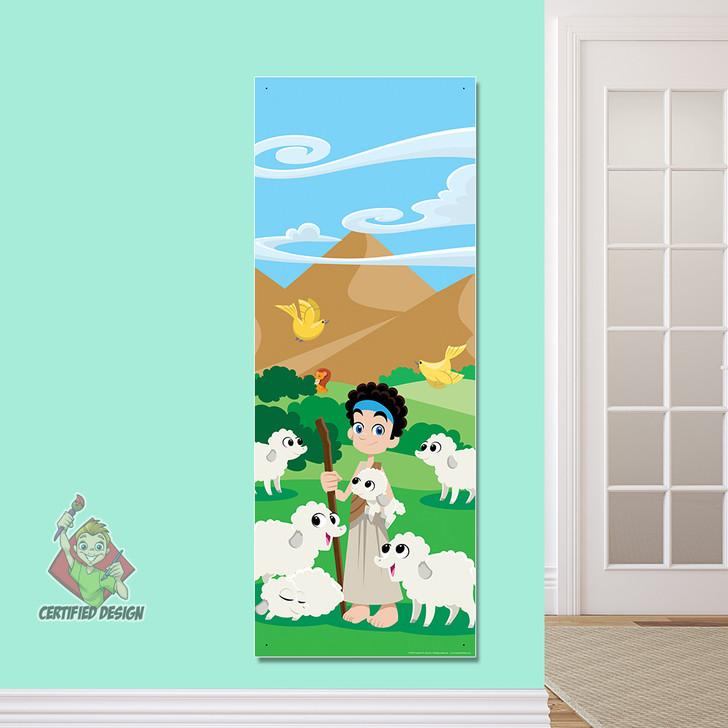 David Shepherd With Sheep PreK Bible Stories Banner introduces kids to Heroes of the  Bible that inspire them on their way to their Sunday School classroom, in kids church, Nursery, Preschool or Registration area. All vinyl banners include the option of grommets or no grommets.