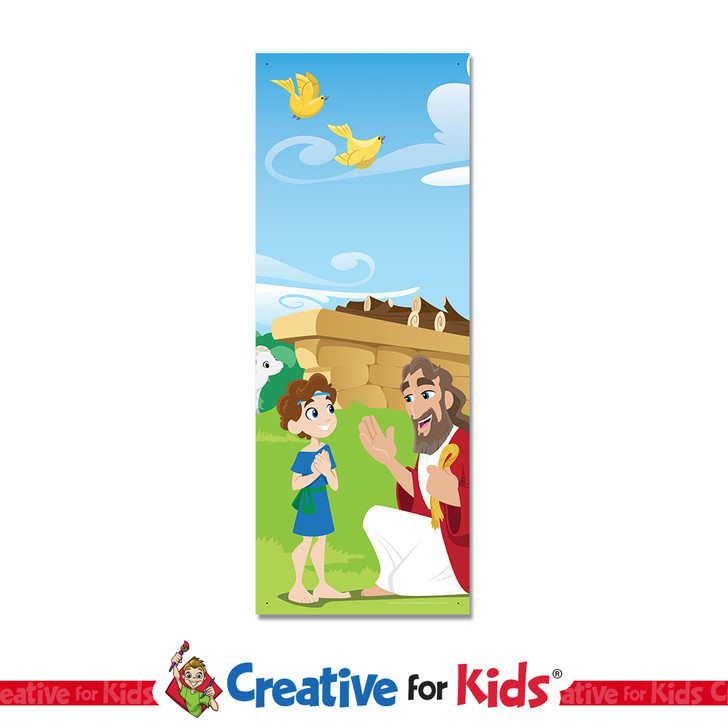 Abraham And Isaac PreK Bible Stories Banner bring Bible story Heroes to life as Preschoolers and Kindergarteners make their way to their Sunday School classroom, in kids church, Nursery, Preschool or Registration area. All vinyl banners include the option of grommets or no grommets.