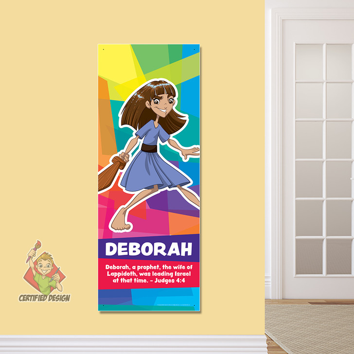 Deborah the prophet Young Bible Story Hero Sunday School Banner brings the Books of the Bible  to life for Elementary age kids in Sunday School, kids church, Nursery, Preschool, Children’s Ministry hallways, or Registration area. All vinyl banners are cost effective, easy to install and include the option of grommets or no grommets.