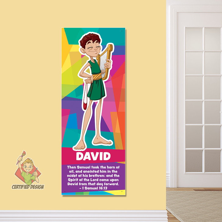David and Goliath Young Hero Bible Story Hero Sunday School Banner brings the Books of the Bible  to life for Elementary age kids in Sunday School, kids church, Nursery, Preschool, Children’s Ministry hallways, or Registration area. All vinyl banners are cost effective, easy to install and include the option of grommets or no grommets.