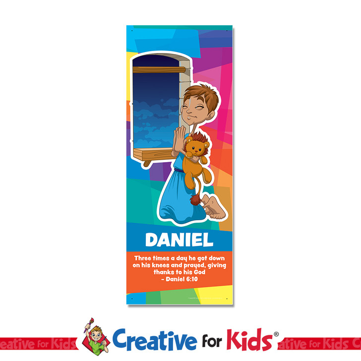 Daniel Lions Den Young Hero Bible Story Hero Sunday School Banner brings the Books of the Bible  to life for Elementary age kids in Sunday School, kids church, Nursery, Preschool, Children’s Ministry hallways, or Registration area. All vinyl banners are cost effective, easy to install and include the option of grommets or no grommets.