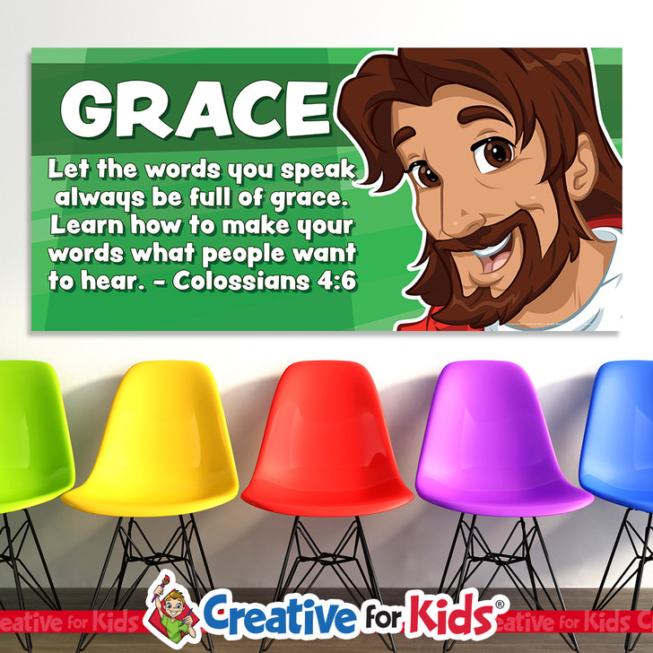 Full of Grace Scripture Bible Verse PreK Banner offers a budget friendly Biblically focused way to decorate your Nursery, Preschool, Sunday School classroom, kids church, or Children's Ministry hallway . All vinyl banners include the option of grommets or no grommets.