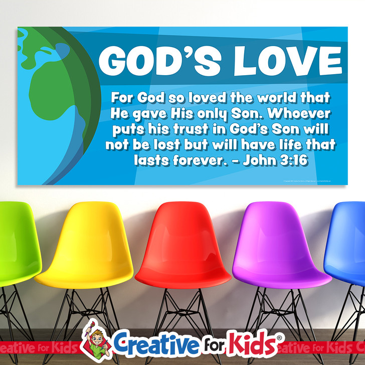 For God so Loved Scripture Bible Verse PreK Banner, John 3 16, offers a budget friendly Biblically focused way to decorate your Nursery, Preschool, Sunday School classroom, kids church, or Children's Ministry hallway . All vinyl banners include the option of grommets or no grommets.