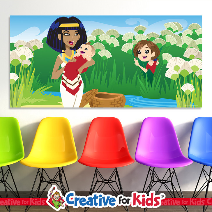 Baby Moses in basket with Miriam Bible Stories HOR Banner introduces kids to Heroes of the  Bible that inspire them on their way to their Sunday School classroom, in kids church, Nursery, Preschool or Registration area. All vinyl banners include the option of grommets or no grommets