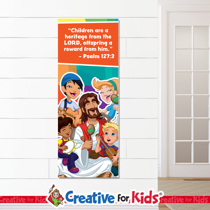 Jesus Children Are A Heritage Banner Child of God wall decor reminds kids and families how much Jesus loves them on their way to their Sunday School classroom, in kids church, or Children's Ministry. All vinyl banners include the option of grommets or no grommets.