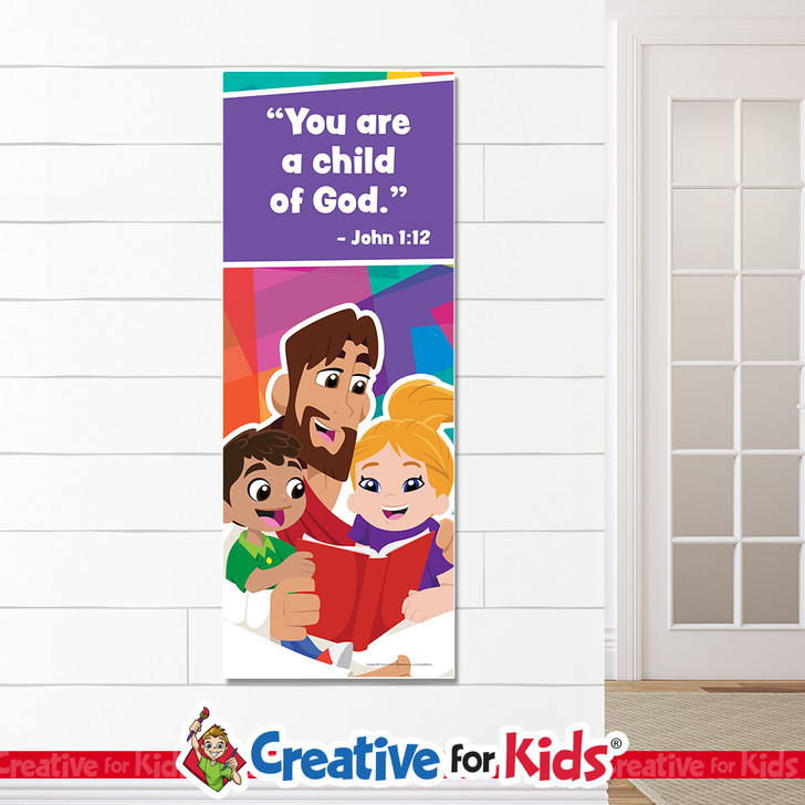 Jesus You Are A Child Of God Banner For God so loved the world wall decor reminds kids and families how much Jesus loves them on their way to their Sunday School classroom, in kids church, or Children's Ministry. All vinyl banners include the option of grommets or no grommets.