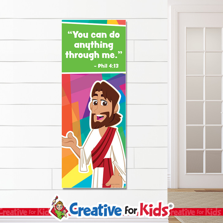 Jesus You Can Do Anything Through Me Banner Child of God wall decor reminds kids and families how much Jesus loves them on their way to their Sunday School classroom, in kids church, or Children's Ministry. All vinyl banners include the option of grommets or no grommets.