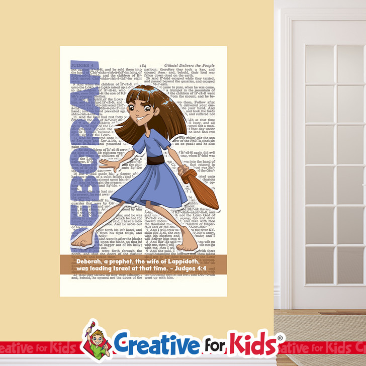 Deborah The Brave Bible Hero Scripture Page Wall Decal visibly tells the story about a Bible Hero Kids can be inspired by on their way to their Sunday School classroom, in kids church, or in the Children's Ministry hallway.