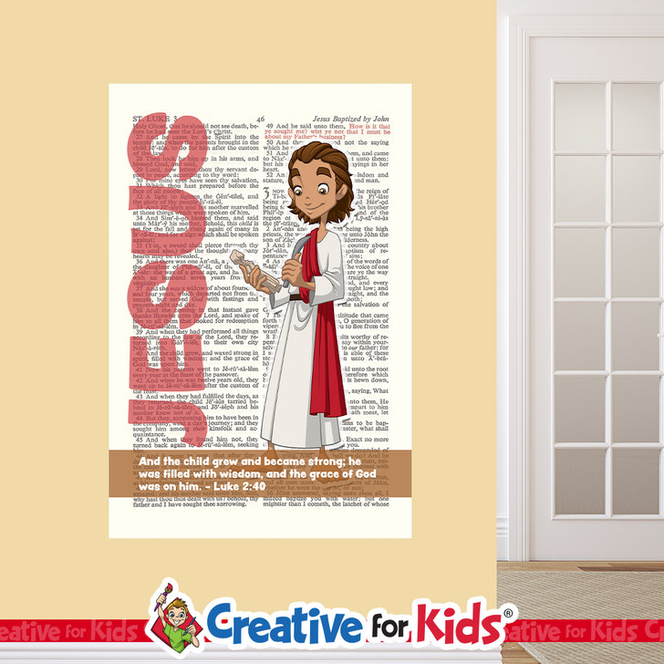 Jesus As A Boy Carpenter Bible Hero Scripture Page Wall Decal visibly tells the story about a Bible Hero Kids can be inspired by on their way to their Sunday School classroom, in kids church, or in the Children's Ministry hallway.