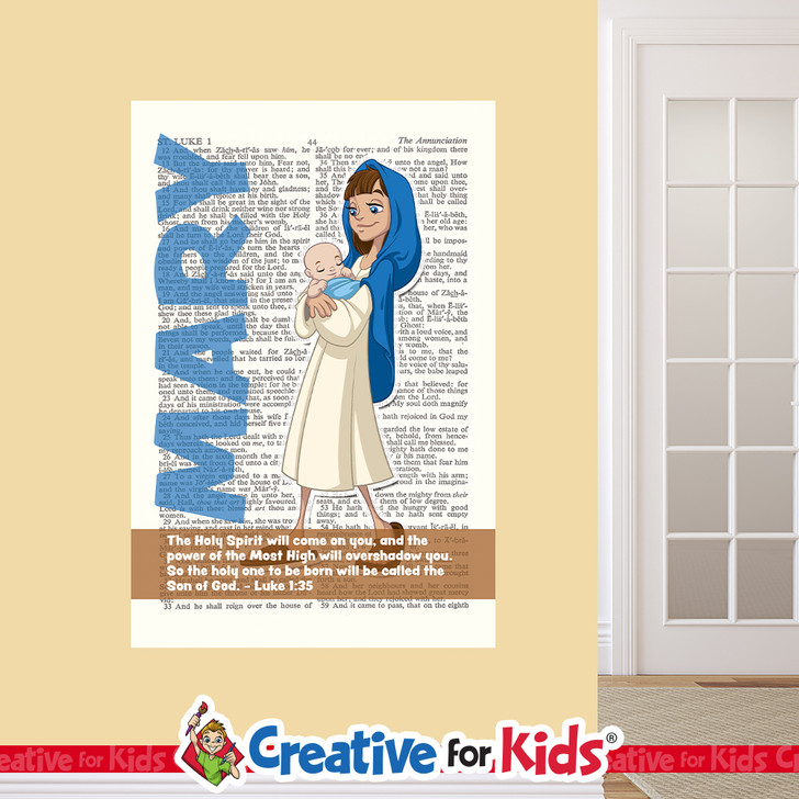 Mary Mother of Jesus Bible Hero Scripture Page Wall Decal visibly tells the story about a Bible Hero Kids can be inspired by on their way to their Sunday School classroom, in kids church, or in the Children's Ministry hallway.