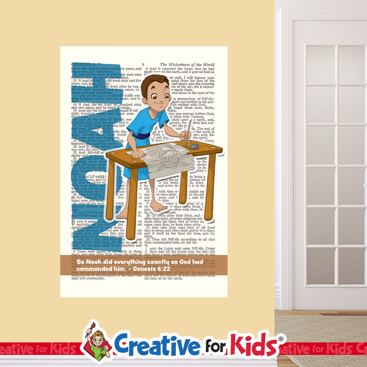 Noah Bible Hero Scripture Page Wall Decal visibly tells the story about a Bible Hero Kids can be inspired by on their way to their Sunday School classroom, in kids church, or in the Children's Ministry hallway.