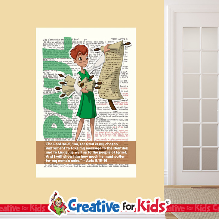 Paul The Apostle, Saul, Bible Hero Scripture Page Wall Decal visibly tells the story about a Bible Hero Kids can be inspired by on their way to their Sunday School classroom, in kids church, or in the Children's Ministry hallway.