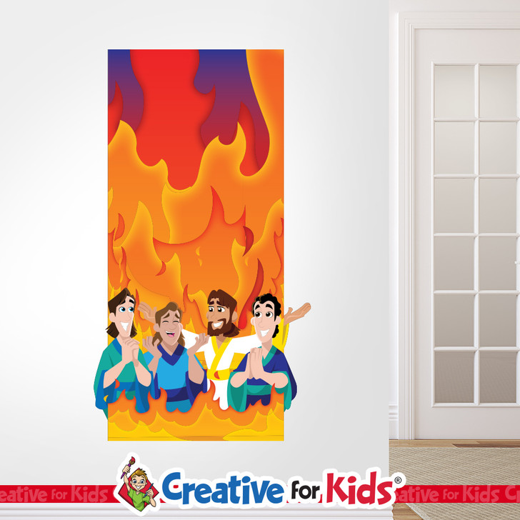 Shadrach, Meshach, and Abednego, Fiery Furnace Scene Bible Story Wall Decal reminds kids and families of amazing Bible heroes and stories on their way to their Sunday School classroom, in kids church, or Children's Ministry.