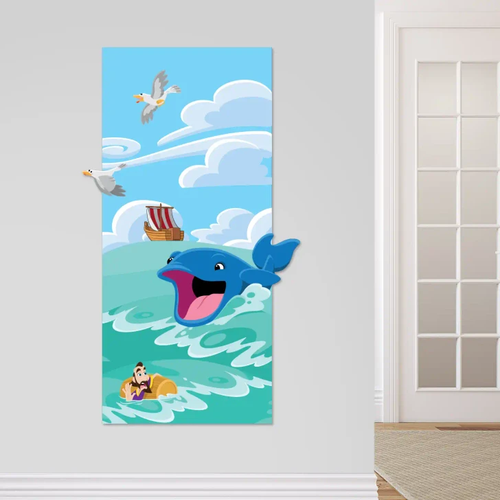 Jonah and the Whale Bible story wall decal featuring Jonah in the ocean and a giant fish, designed for Sunday school, homeschool, and Christian classrooms.