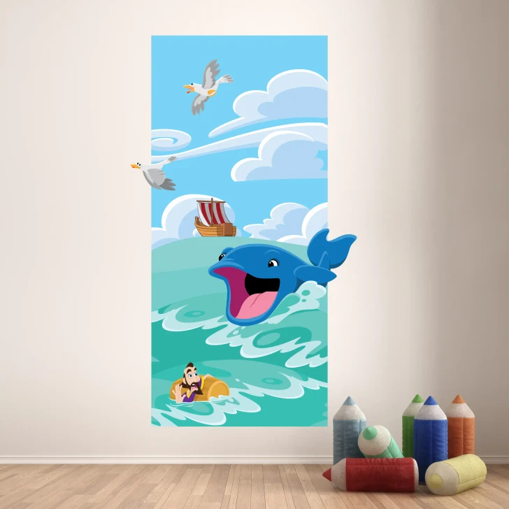 Jonah and the big fish Bible wall decal displayed on a classroom wall for children's ministry, Sunday school, and Christian education.