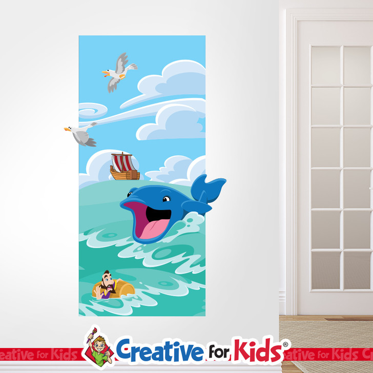 Jonah And The Whale Scene Bible Story Wall Decal reminds kids and families of amazing Bible heroes and stories on their way to their Sunday School classroom, in kids church, or Children's Ministry.