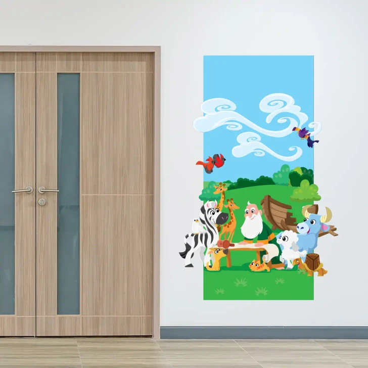 Noah building ark with animals wall decal in a hallway