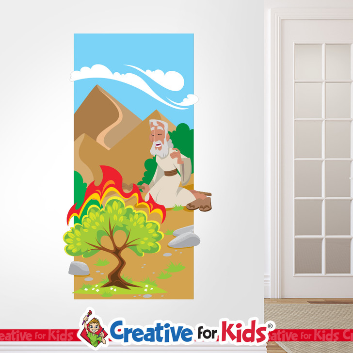 Moses Burning Bush Scene Bible Story Wall Decal reminds kids and families of amazing Bible heroes and stories on their way to their Sunday School classroom, in kids church, or Children's Ministry.