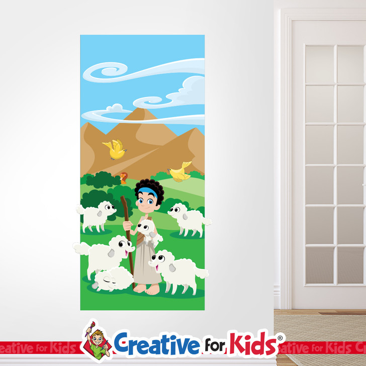 David Shepherd With Sheep Scene Wall Decal reminds kids and families of amazing Bible heroes and stories on their way to their Sunday School classroom, in kids church, or Children's Ministry.