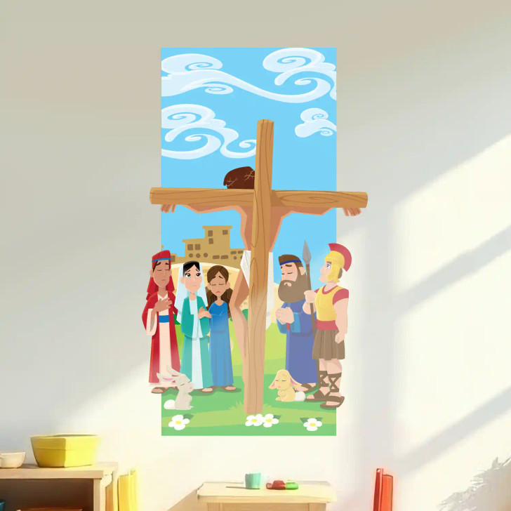 Jesus on the cross adds inspiring Bible Story Wall Art to your Sunday School, Nursery, or Preschool—easy, affordable decor that supports faith-based learning.