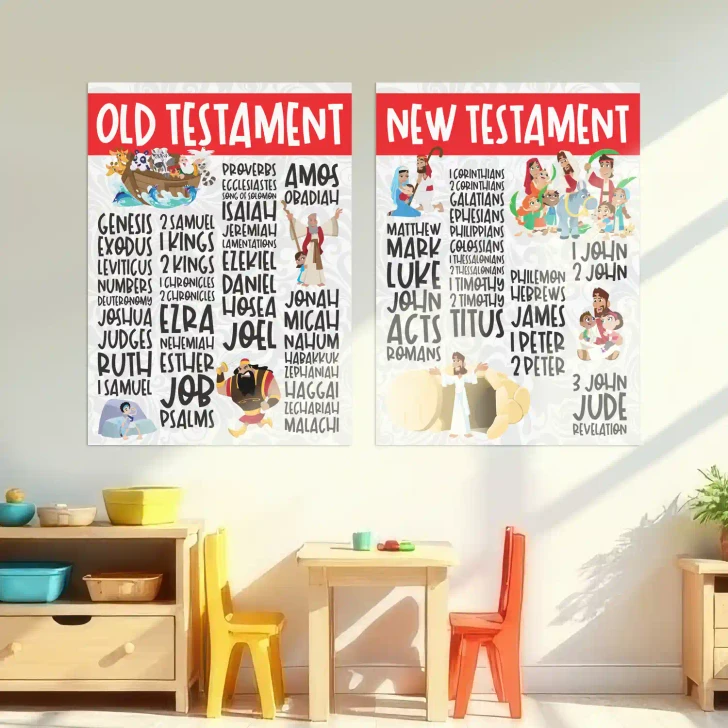 Books of the Bible wall decals displayed above a classroom table in a bright Sunday school learning environment.