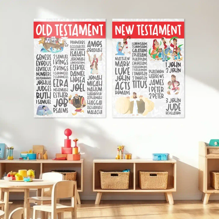 Books of the Bible wall decals installed in a preschool classroom helping children learn the books of the Bible.