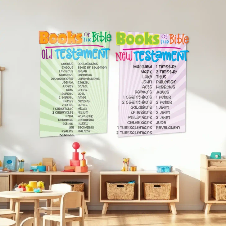 Books of the Bible wall decals installed above classroom tables in a bright Sunday school learning environment.