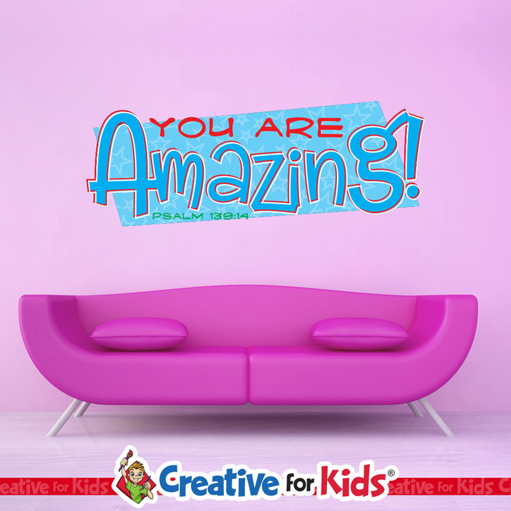 You Are Amazing Encouraging Word Bible Verse Wall Decal inspires children to hide the word of God in their hearts in your Sunday School classroom, kids church, or Children's Ministry hallway.