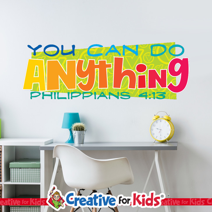 You Can Do Anything Encouraging Word Bible Verse Wall Decal inspires children to hide the word of God in their hearts in your Sunday School classroom, kids church, or Children's Ministry hallway.