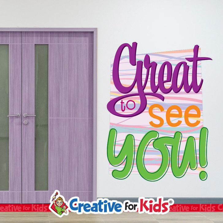 Great To See You! Welcome Sign Wall Decal help welcome visiting families and kids to Sunday School, Nursery, Preschool, Kindergarten, kids church, or Children's Ministry hallways.