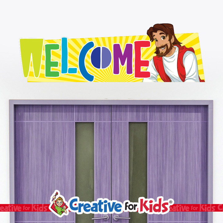 Jesus Welcomes Little Children Horizontal Wall Decal Greeting Sign welcomes children and families as they walk down the hallways in your Kids Church, Sunday School Classroom, registration area, or Children's Ministry.