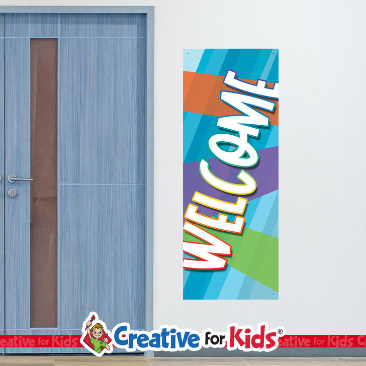 Blue Abstract Welcome Sign Wall Decal Greeting Sign welcomes children and families as they walk down the hallways in your Kids Church, Sunday School Classroom, registration area, or Children's Ministry.