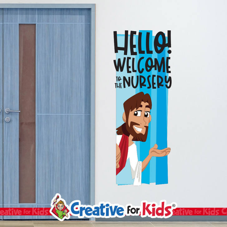 Hello! Welcome To The Nursery Wall Decal Greeting Sign welcomes children and families as they walk down the hallways in your Kids Church, Sunday School Classroom, registration area, or Children's Ministry.